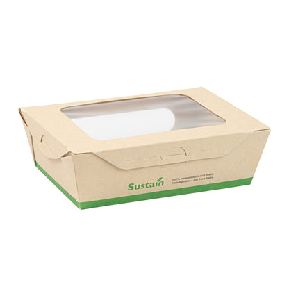 Sustain 28 oz Bamboo Paper Small Bio Take Out Container - with PLA Lining and Windows, Compostable - 6 1/4" x 4 3/4" x 2" - 200 count box
