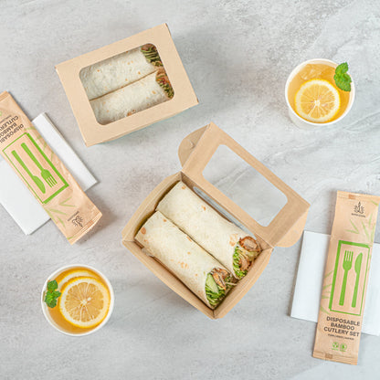 Sustain 28 oz Bamboo Paper Small Bio Take Out Container - with PLA Lining and Windows, Compostable - 6 1/4" x 4 3/4" x 2" - 200 count box