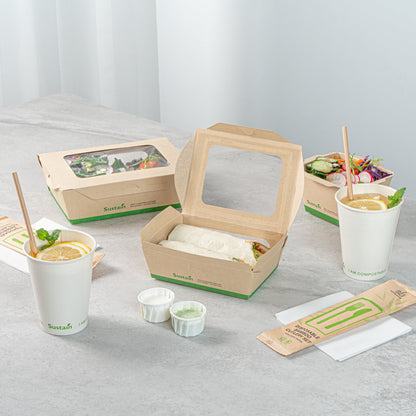 Sustain 28 oz Bamboo Paper Small Bio Take Out Container - with PLA Lining and Windows, Compostable - 6 1/4" x 4 3/4" x 2" - 200 count box