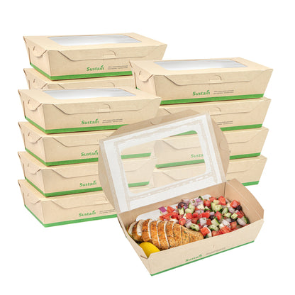 Sustain 35 oz Bamboo Paper Medium Bio Take Out Container - with PLA Lining and Windows, Compostable - 8" x 4 3/4" x 2" - 200 count box