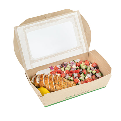 Sustain 35 oz Bamboo Paper Medium Bio Take Out Container - with PLA Lining and Windows, Compostable - 8" x 4 3/4" x 2" - 200 count box
