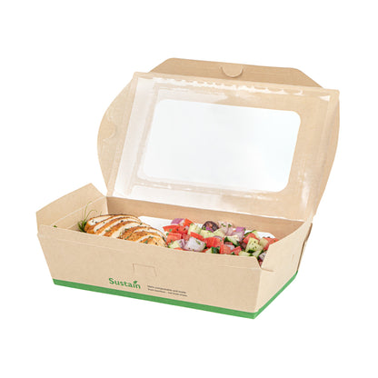 Sustain 35 oz Bamboo Paper Medium Bio Take Out Container - with PLA Lining and Windows, Compostable - 8" x 4 3/4" x 2" - 200 count box