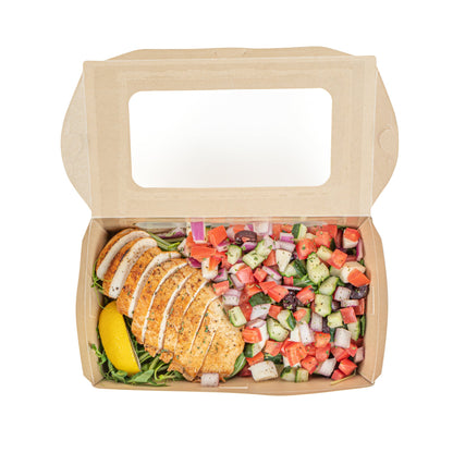 Sustain 35 oz Bamboo Paper Medium Bio Take Out Container - with PLA Lining and Windows, Compostable - 8" x 4 3/4" x 2" - 200 count box