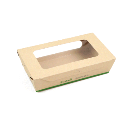 Sustain 35 oz Bamboo Paper Medium Bio Take Out Container - with PLA Lining and Windows, Compostable - 8" x 4 3/4" x 2" - 200 count box