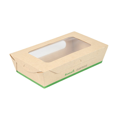 Sustain 35 oz Bamboo Paper Medium Bio Take Out Container - with PLA Lining and Windows, Compostable - 8" x 4 3/4" x 2" - 200 count box