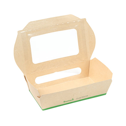 Sustain 35 oz Bamboo Paper Medium Bio Take Out Container - with PLA Lining and Windows, Compostable - 8" x 4 3/4" x 2" - 200 count box