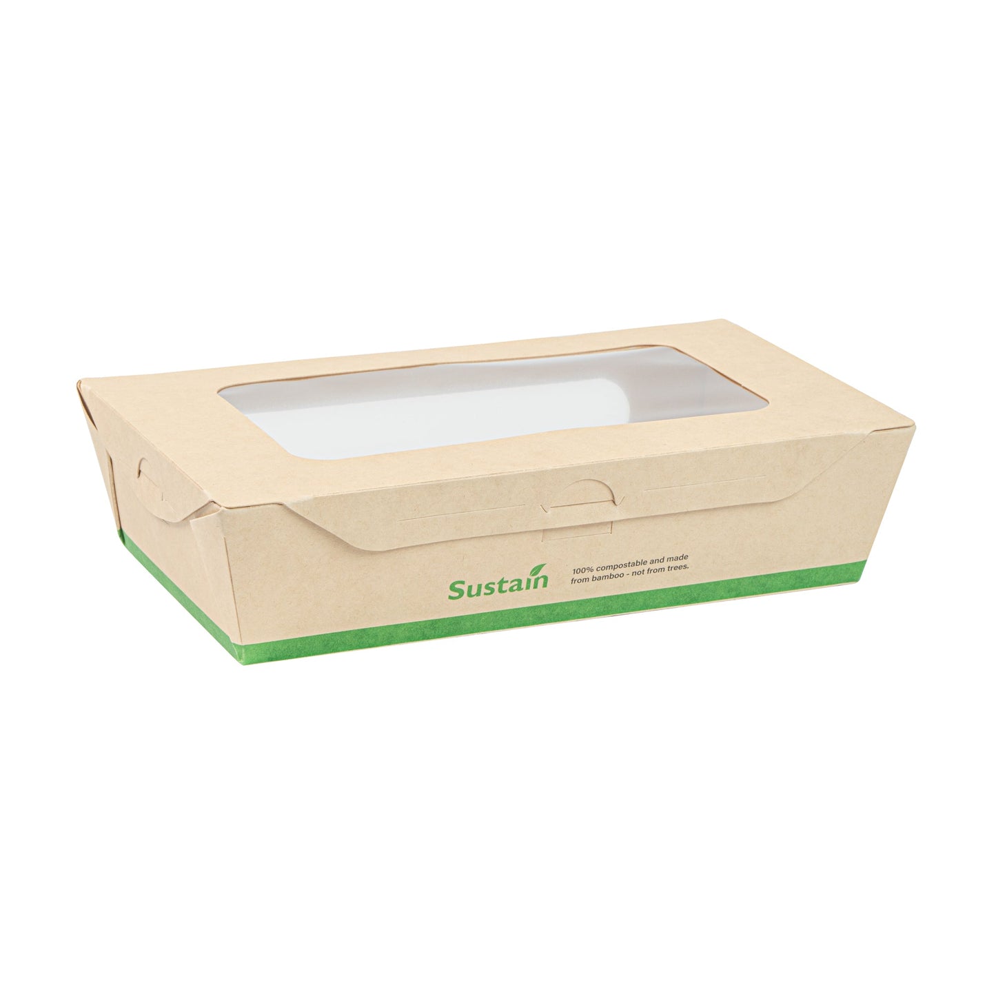 Sustain 35 oz Bamboo Paper Medium Bio Take Out Container - with PLA Lining and Windows, Compostable - 8" x 4 3/4" x 2" - 200 count box
