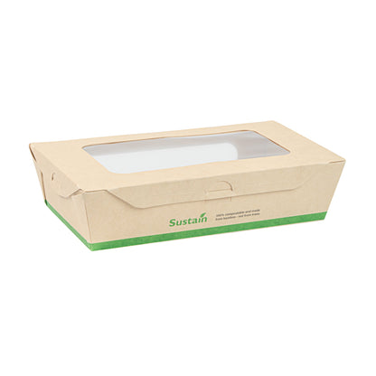 Sustain 35 oz Bamboo Paper Medium Bio Take Out Container - with PLA Lining and Windows, Compostable - 8" x 4 3/4" x 2" - 200 count box