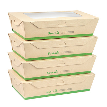 Sustain 35 oz Bamboo Paper Medium Bio Take Out Container - with PLA Lining and Windows, Compostable - 8" x 4 3/4" x 2" - 200 count box