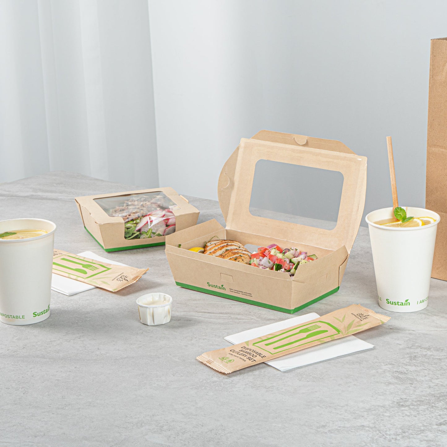 Sustain 35 oz Bamboo Paper Medium Bio Take Out Container - with PLA Lining and Windows, Compostable - 8" x 4 3/4" x 2" - 200 count box