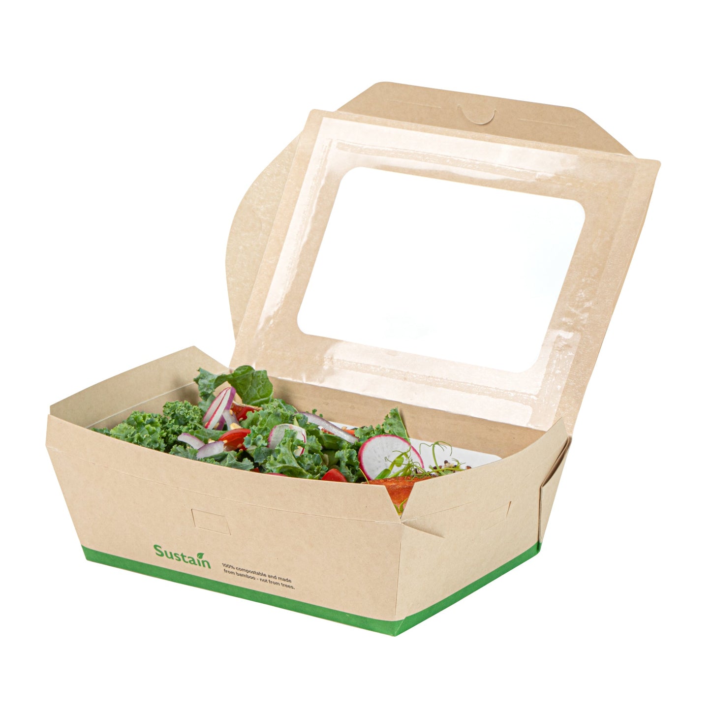 Sustain 57 oz Bamboo Paper Extra Large Bio Take Out Container - with PLA Lining, Windows, Compostable - 8" x 5 1/2" x 2 1/2" - 200 count box