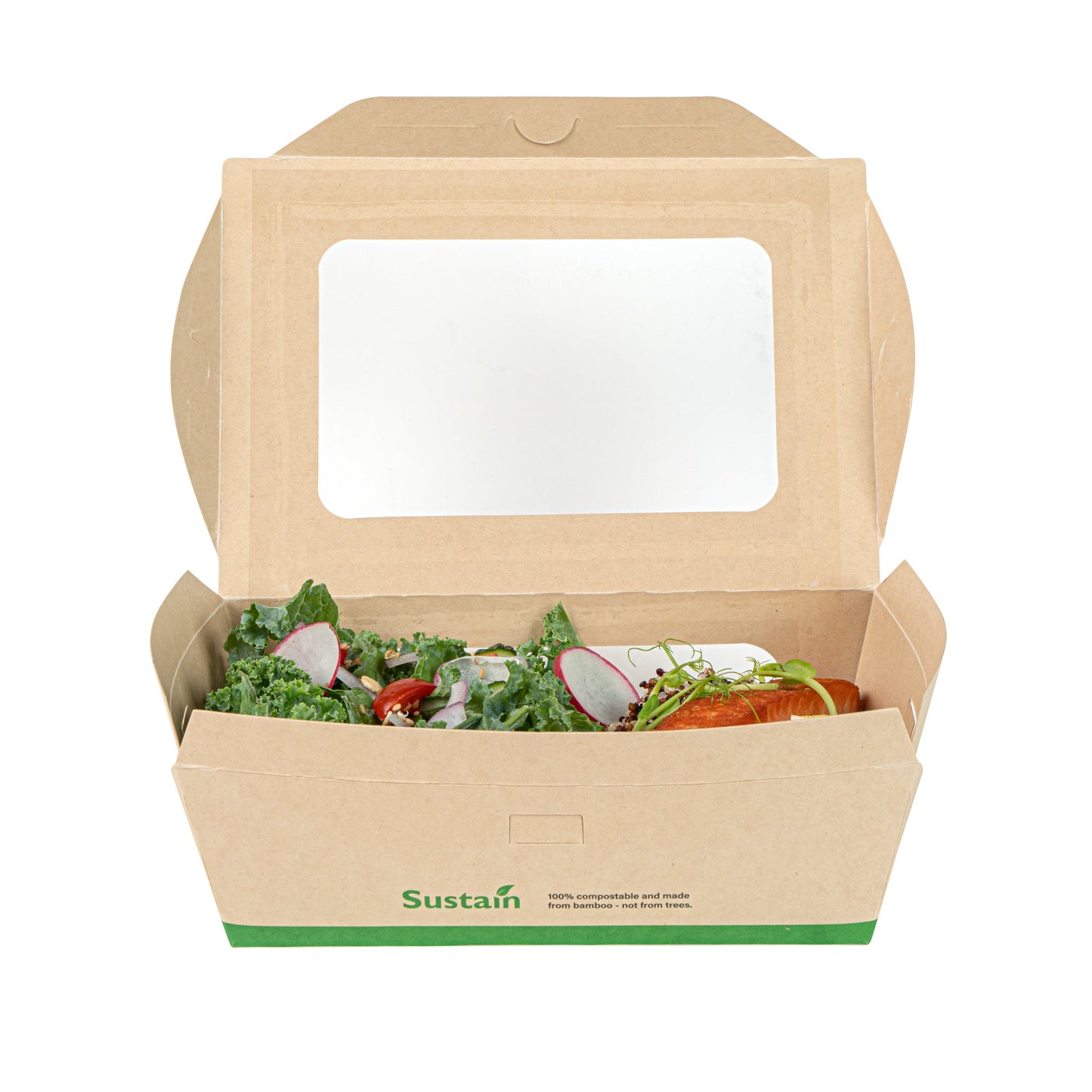 Sustain 57 oz Bamboo Paper Extra Large Bio Take Out Container - with PLA Lining, Windows, Compostable - 8" x 5 1/2" x 2 1/2" - 200 count box