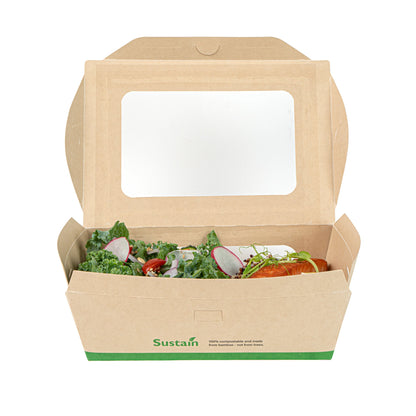 Sustain 57 oz Bamboo Paper Extra Large Bio Take Out Container - with PLA Lining, Windows, Compostable - 8" x 5 1/2" x 2 1/2" - 200 count box