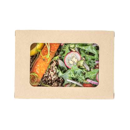 Sustain 57 oz Bamboo Paper Extra Large Bio Take Out Container - with PLA Lining, Windows, Compostable - 8" x 5 1/2" x 2 1/2" - 200 count box
