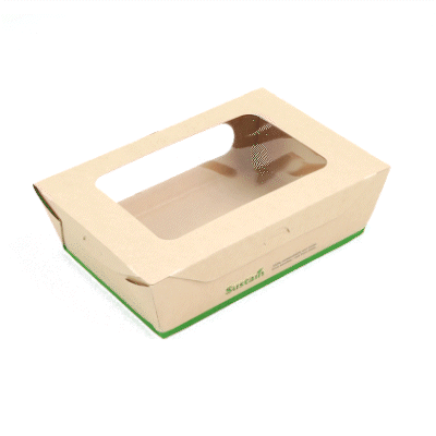 Sustain 57 oz Bamboo Paper Extra Large Bio Take Out Container - with PLA Lining, Windows, Compostable - 8" x 5 1/2" x 2 1/2" - 200 count box