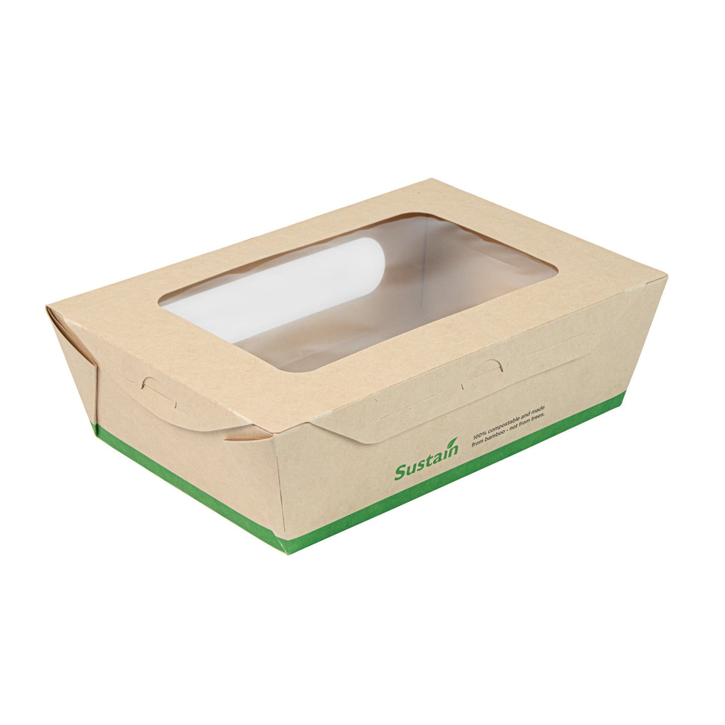 Sustain 57 oz Bamboo Paper Extra Large Bio Take Out Container - with PLA Lining, Windows, Compostable - 8" x 5 1/2" x 2 1/2" - 200 count box