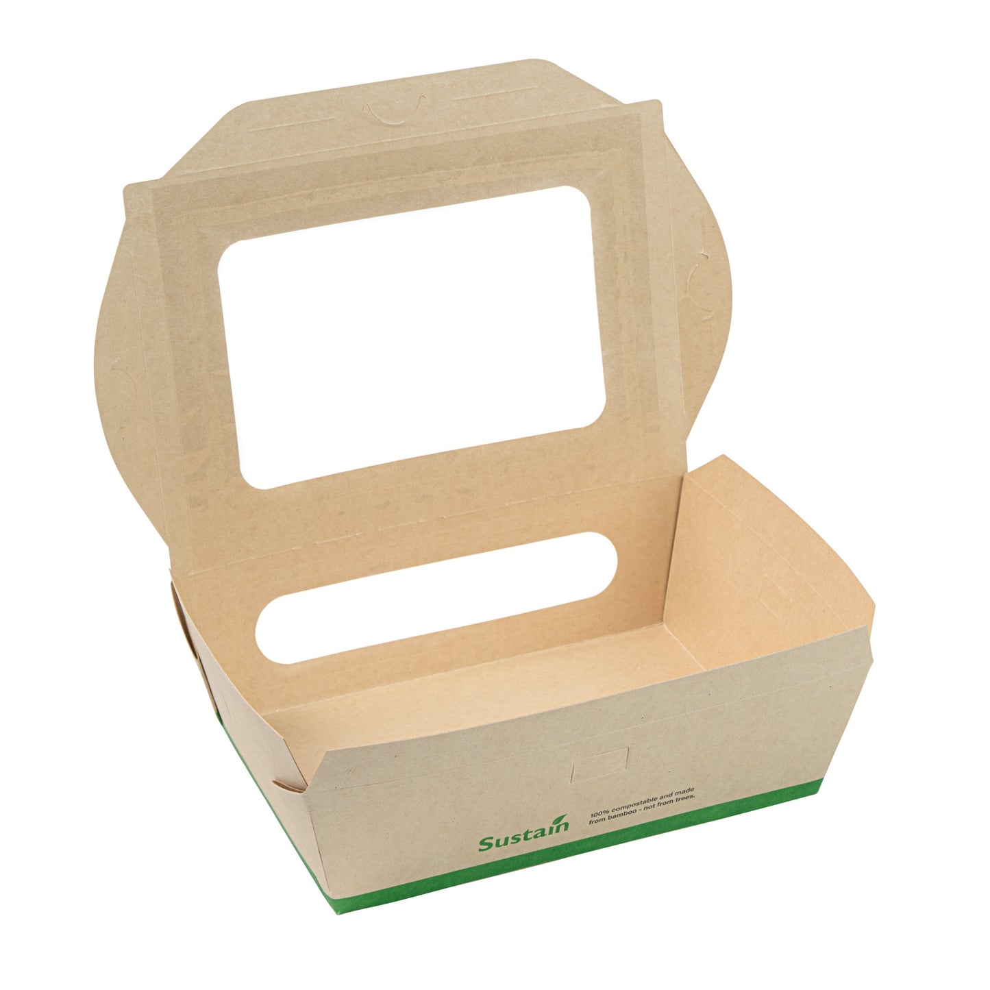 Sustain 57 oz Bamboo Paper Extra Large Bio Take Out Container - with PLA Lining, Windows, Compostable - 8" x 5 1/2" x 2 1/2" - 200 count box
