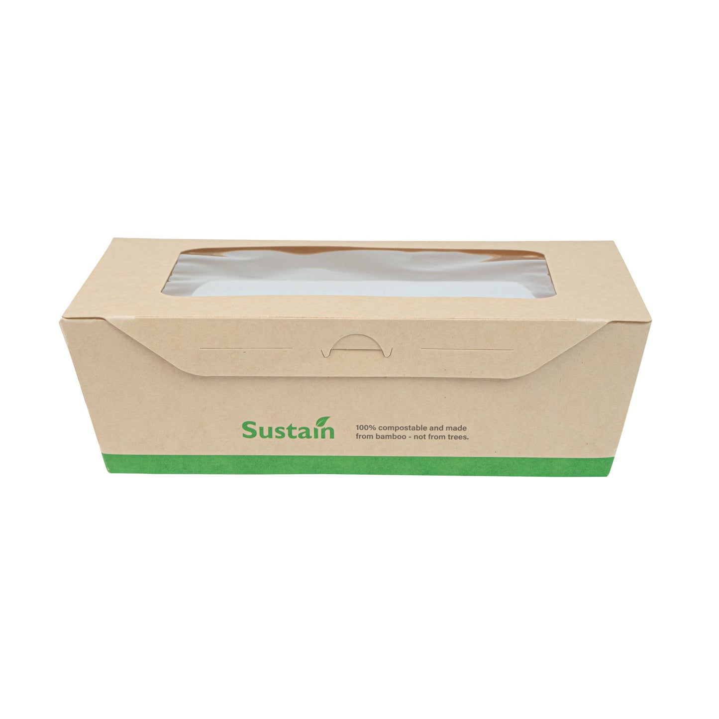 Sustain 57 oz Bamboo Paper Extra Large Bio Take Out Container - with PLA Lining, Windows, Compostable - 8" x 5 1/2" x 2 1/2" - 200 count box