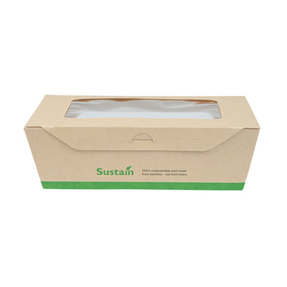 Sustain 57 oz Bamboo Paper Extra Large Bio Take Out Container - with PLA Lining, Windows, Compostable - 8" x 5 1/2" x 2 1/2" - 200 count box