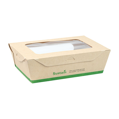 Sustain 57 oz Bamboo Paper Extra Large Bio Take Out Container - with PLA Lining, Windows, Compostable - 8" x 5 1/2" x 2 1/2" - 200 count box