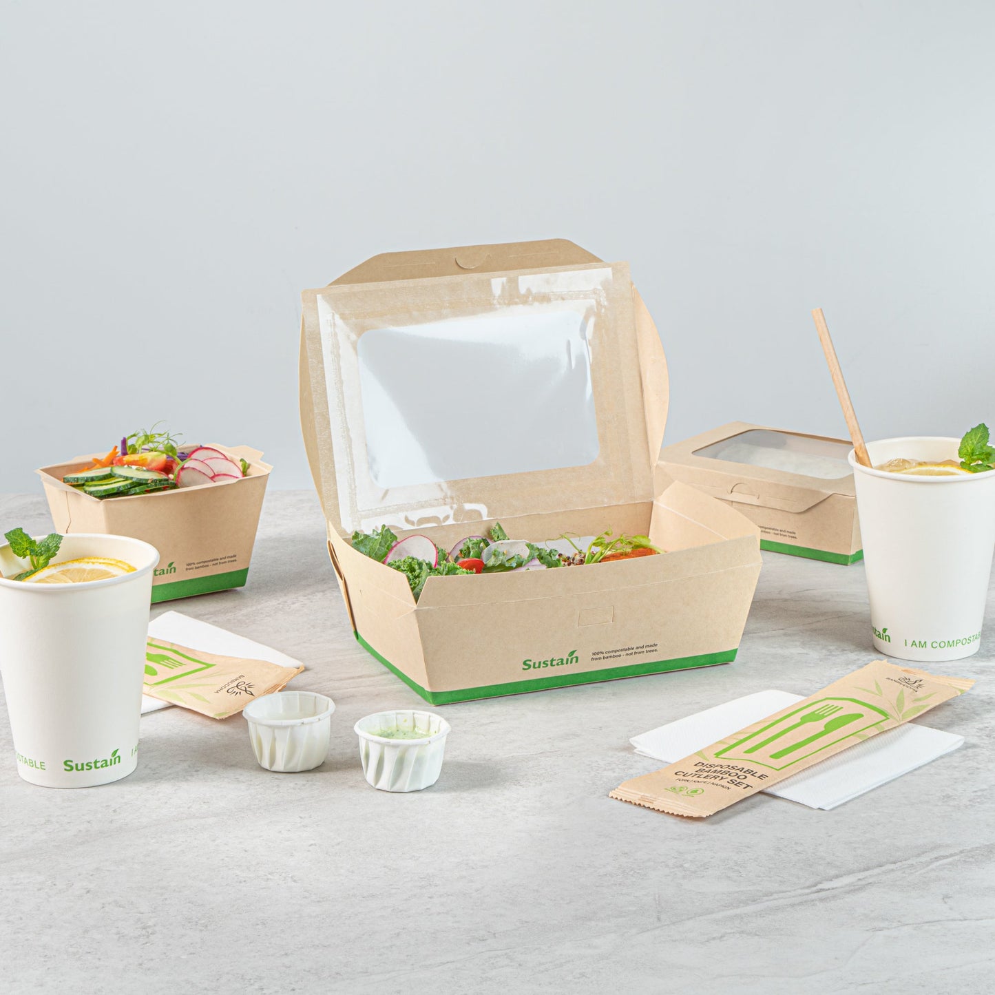 Sustain 57 oz Bamboo Paper Extra Large Bio Take Out Container - with PLA Lining, Windows, Compostable - 8" x 5 1/2" x 2 1/2" - 200 count box