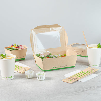 Sustain 57 oz Bamboo Paper Extra Large Bio Take Out Container - with PLA Lining, Windows, Compostable - 8" x 5 1/2" x 2 1/2" - 200 count box