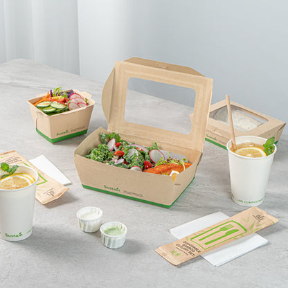 Sustain 57 oz Bamboo Paper Extra Large Bio Take Out Container - with PLA Lining, Windows, Compostable - 8" x 5 1/2" x 2 1/2" - 200 count box