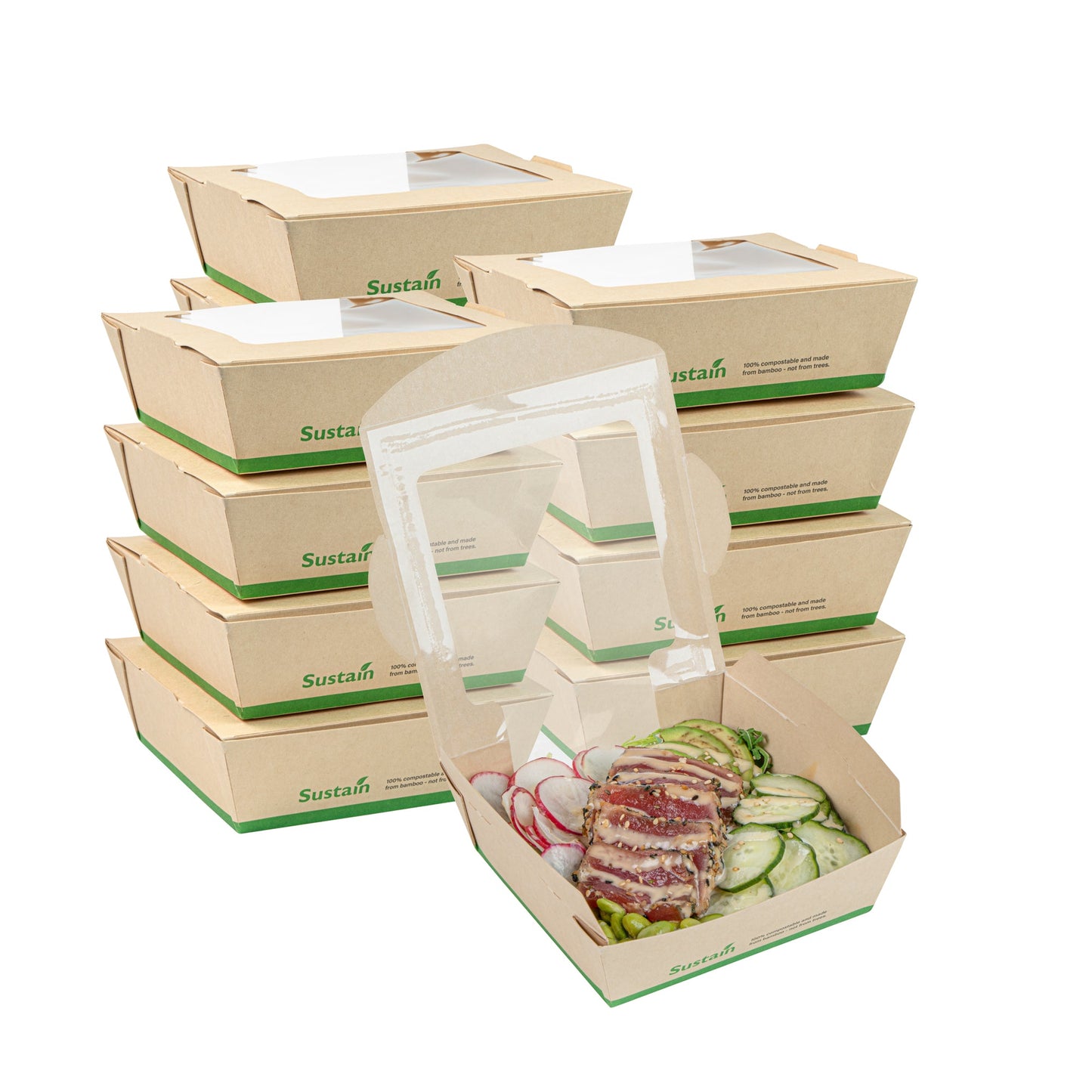 Sustain 26 oz Bamboo Paper Medium Bio Salad Box - with PLA Lining and Window, Compostable - 5 3/4" x 5 3/4" x 1 3/4" - 50 count box