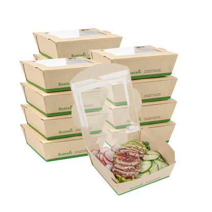Sustain 26 oz Bamboo Paper Medium Bio Salad Box - with PLA Lining and Window, Compostable - 5 3/4" x 5 3/4" x 1 3/4" - 50 count box