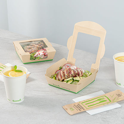 Sustain 26 oz Bamboo Paper Medium Bio Salad Box - with PLA Lining and Window, Compostable - 5 3/4" x 5 3/4" x 1 3/4" - 50 count box