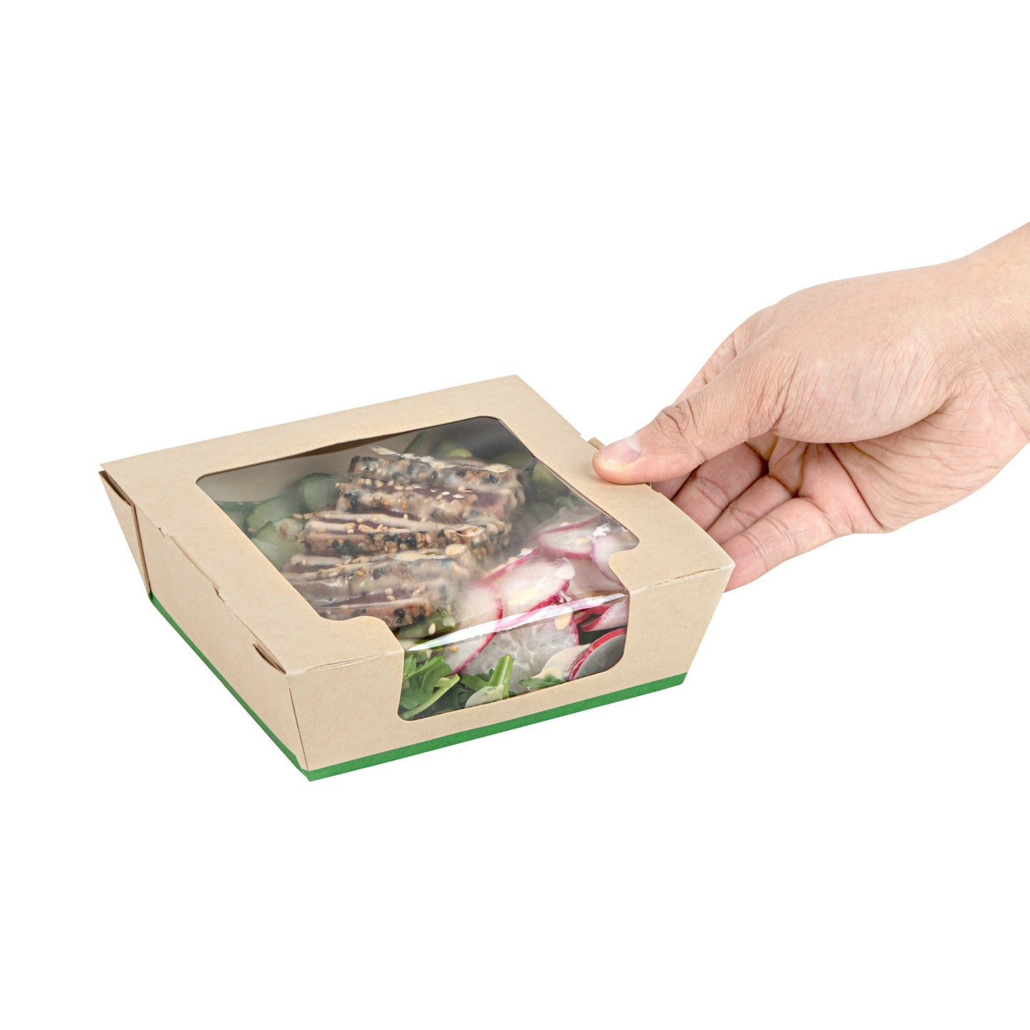 Sustain 26 oz Bamboo Paper Medium Bio Salad Box - with PLA Lining and Window, Compostable - 5 3/4" x 5 3/4" x 1 3/4" - 50 count box