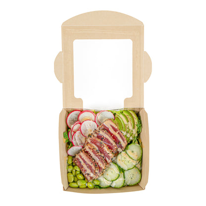 Sustain 26 oz Bamboo Paper Medium Bio Salad Box - with PLA Lining and Window, Compostable - 5 3/4" x 5 3/4" x 1 3/4" - 50 count box