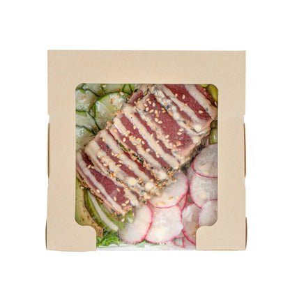 Sustain 26 oz Bamboo Paper Medium Bio Salad Box - with PLA Lining and Window, Compostable - 5 3/4" x 5 3/4" x 1 3/4" - 50 count box