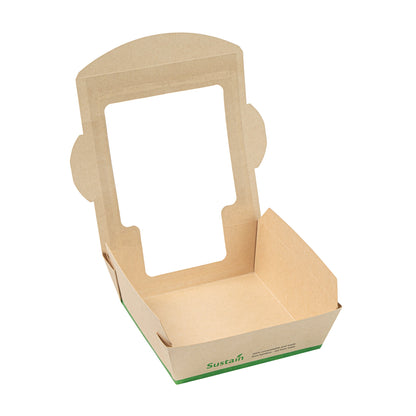 Sustain 26 oz Bamboo Paper Medium Bio Salad Box - with PLA Lining and Window, Compostable - 5 3/4" x 5 3/4" x 1 3/4" - 50 count box