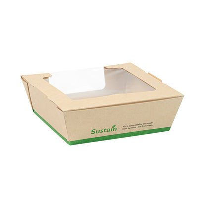Sustain 26 oz Bamboo Paper Medium Bio Salad Box - with PLA Lining and Window, Compostable - 5 3/4" x 5 3/4" x 1 3/4" - 50 count box