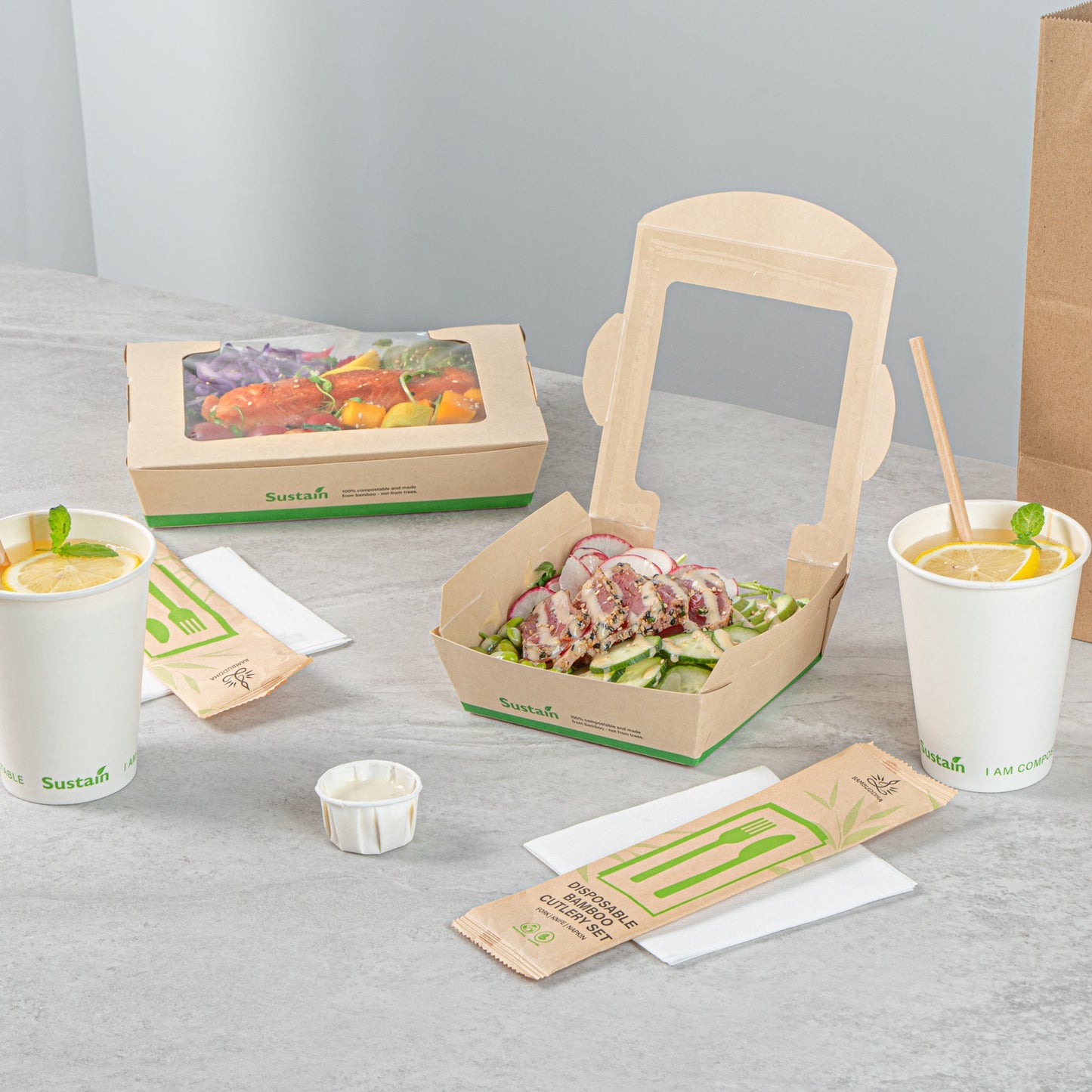 Sustain 26 oz Bamboo Paper Medium Bio Salad Box - with PLA Lining and Window, Compostable - 5 3/4" x 5 3/4" x 1 3/4" - 50 count box