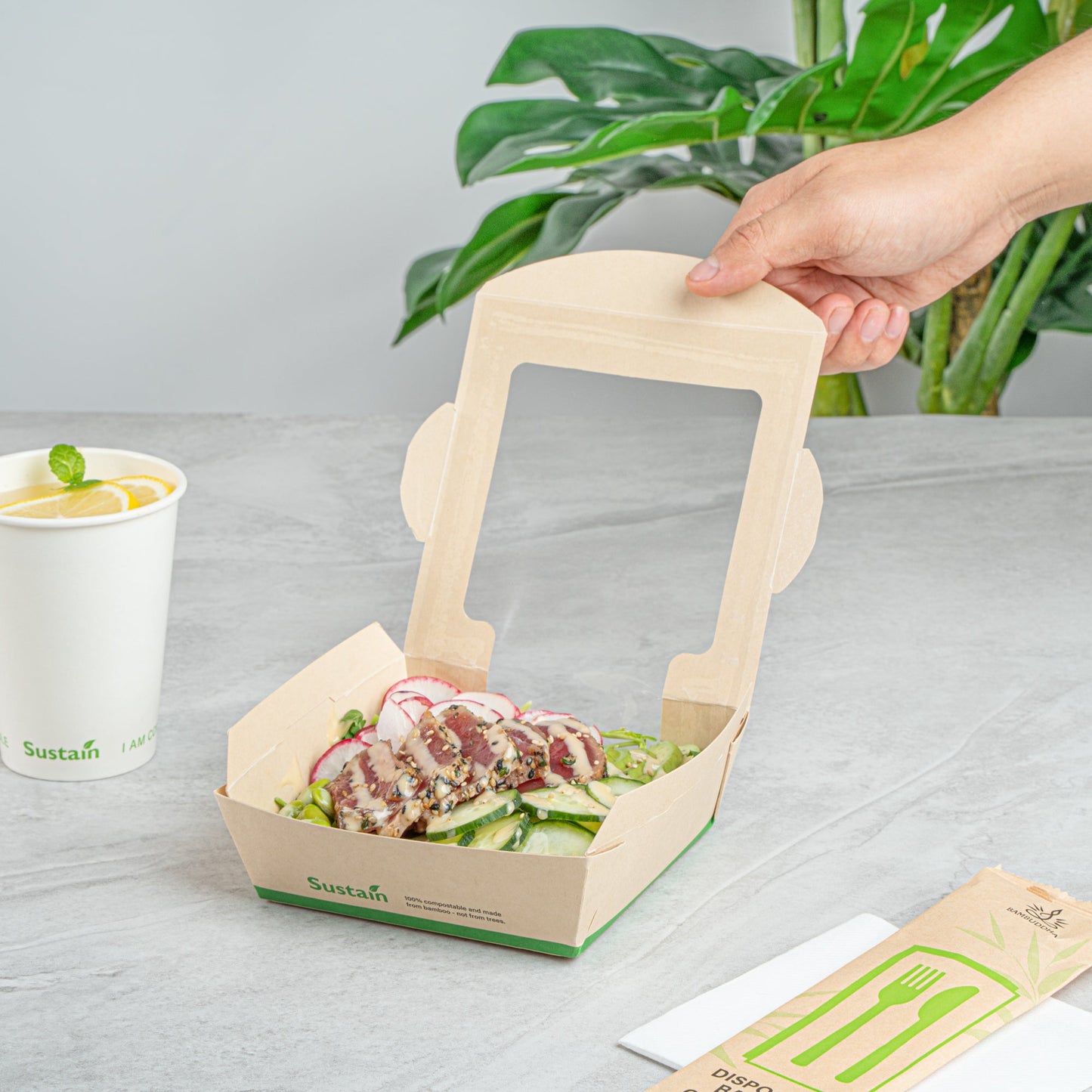 Sustain 26 oz Bamboo Paper Medium Bio Salad Box - with PLA Lining and Window, Compostable - 5 3/4" x 5 3/4" x 1 3/4" - 50 count box