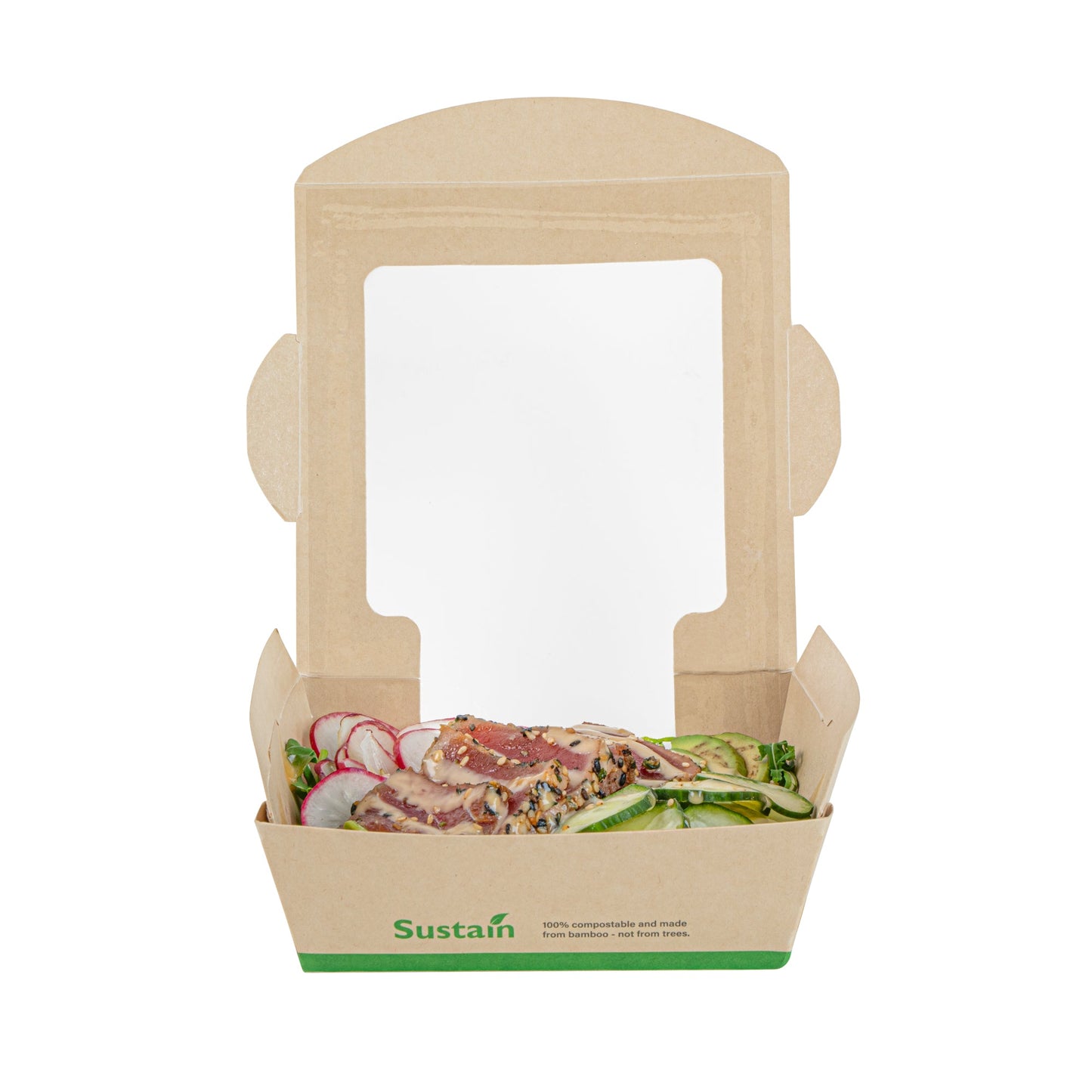 Sustain 26 oz Bamboo Paper Medium Bio Salad Box - with PLA Lining and Window, Compostable - 5 3/4" x 5 3/4" x 1 3/4" - 200 count box