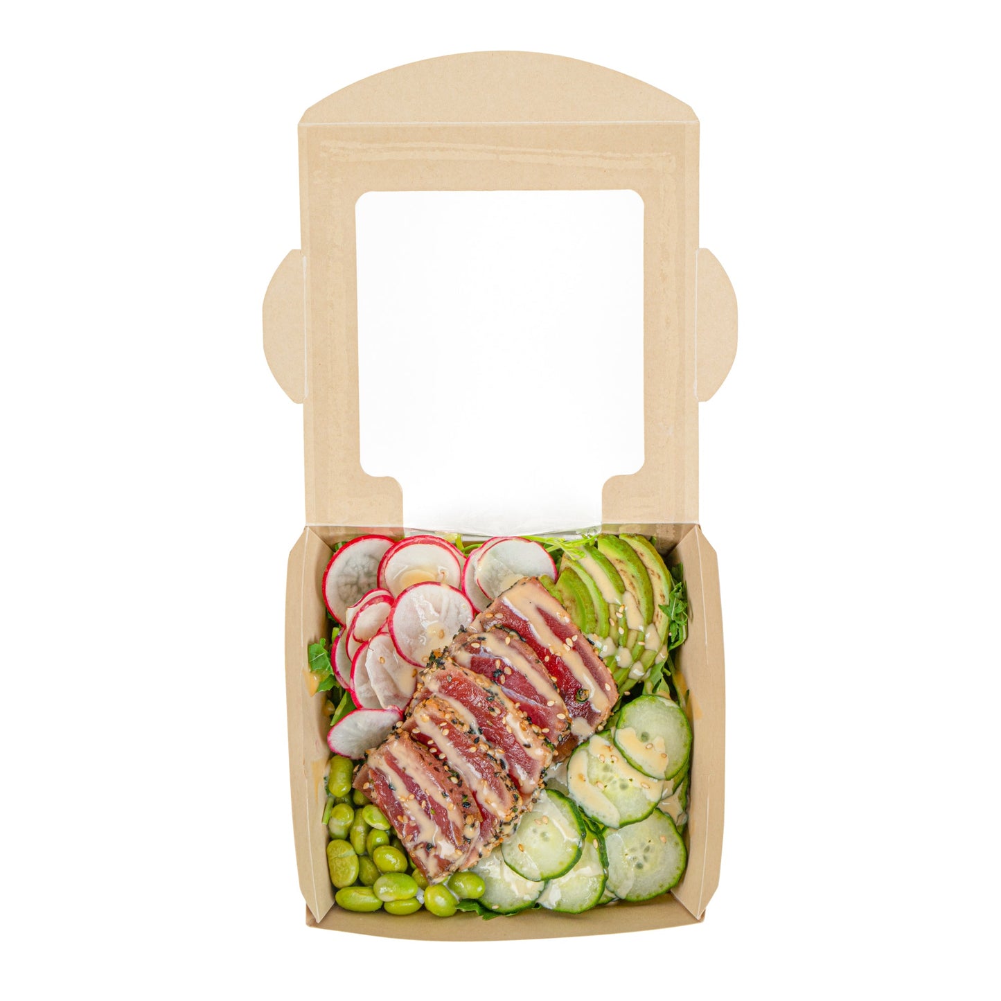 Sustain 26 oz Bamboo Paper Medium Bio Salad Box - with PLA Lining and Window, Compostable - 5 3/4" x 5 3/4" x 1 3/4" - 200 count box