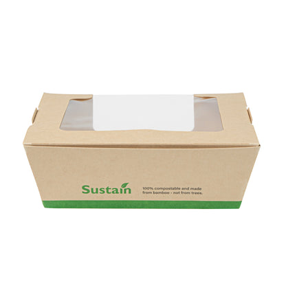 Sustain 26 oz Bamboo Paper Medium Bio Salad Box - with PLA Lining and Window, Compostable - 5 3/4" x 5 3/4" x 1 3/4" - 200 count box