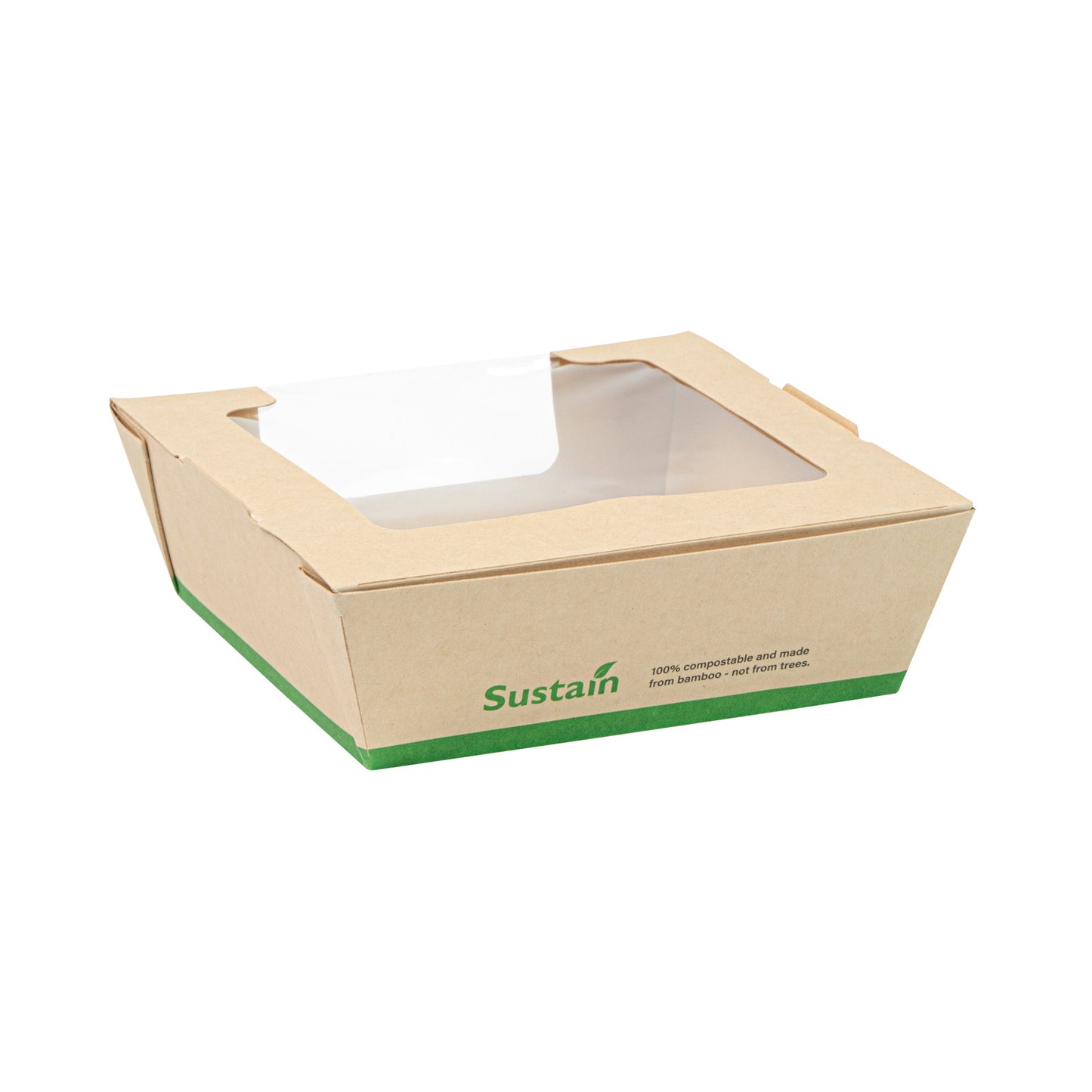 Sustain 26 oz Bamboo Paper Medium Bio Salad Box - with PLA Lining and Window, Compostable - 5 3/4" x 5 3/4" x 1 3/4" - 200 count box
