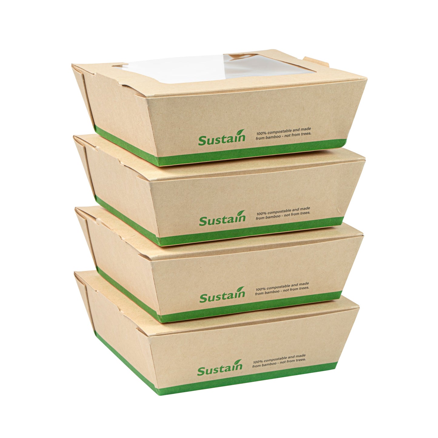 Sustain 26 oz Bamboo Paper Medium Bio Salad Box - with PLA Lining and Window, Compostable - 5 3/4" x 5 3/4" x 1 3/4" - 200 count box
