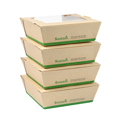 Sustain 26 oz Bamboo Paper Medium Bio Salad Box - with PLA Lining and Window, Compostable - 5 3/4" x 5 3/4" x 1 3/4" - 200 count box
