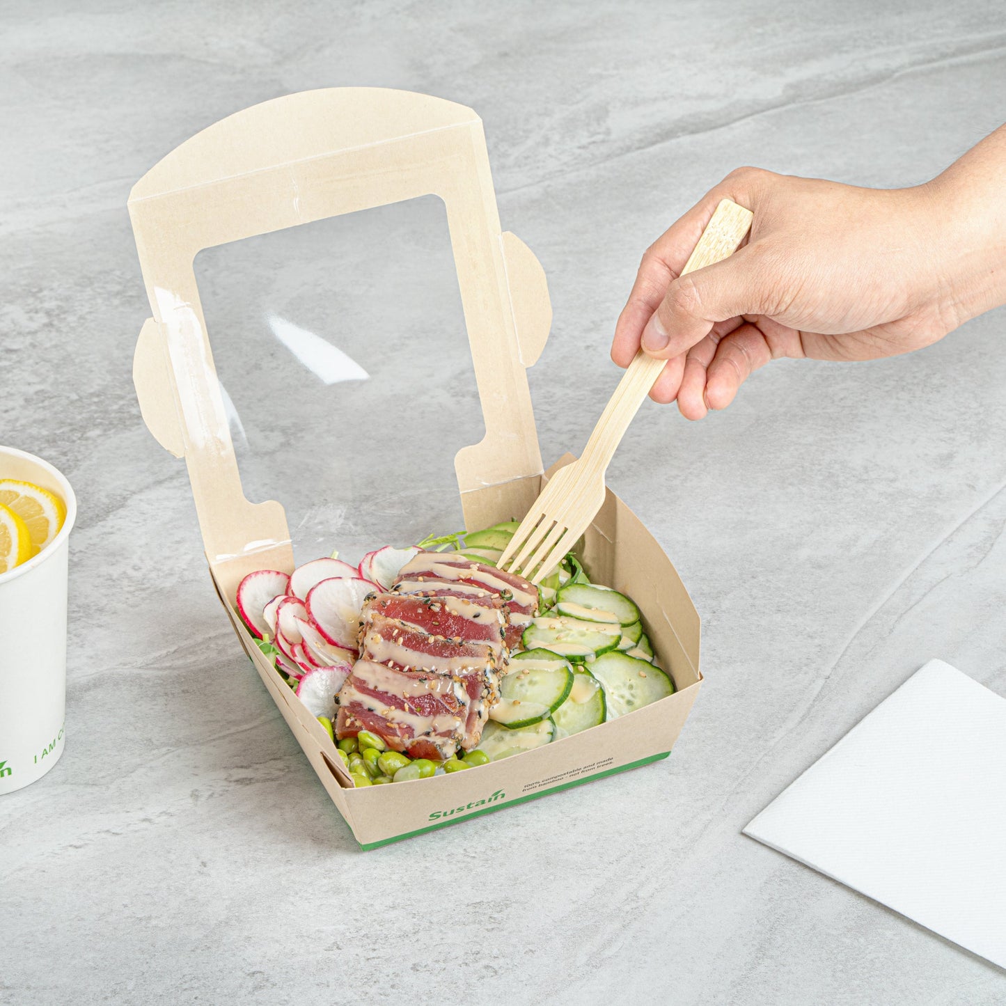 Sustain 26 oz Bamboo Paper Medium Bio Salad Box - with PLA Lining and Window, Compostable - 5 3/4" x 5 3/4" x 1 3/4" - 200 count box
