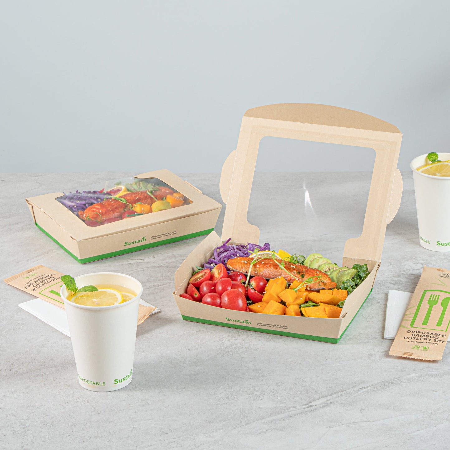 Sustain 40 oz Bamboo Paper Large Bio Salad Box - with PLA Lining and Window, Compostable - 8 1/4" x 6 1/4" x 1 1/2" - 50 count box