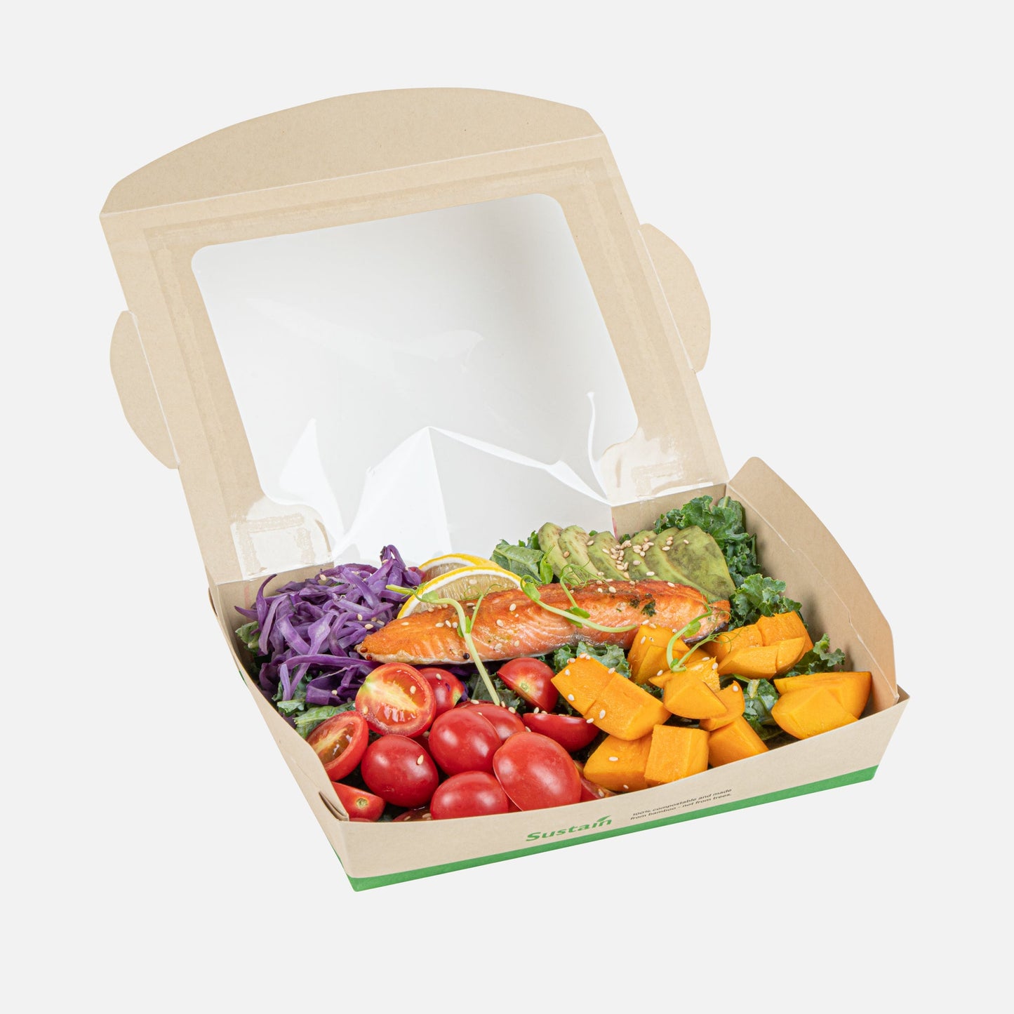 Sustain 40 oz Bamboo Paper Large Bio Salad Box - with PLA Lining and Window, Compostable - 8 1/4" x 6 1/4" x 1 1/2" - 50 count box