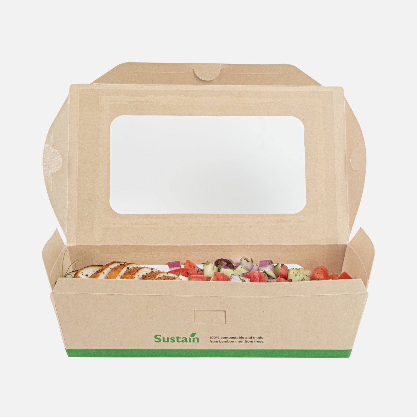 Sustain 40 oz Bamboo Paper Large Bio Salad Box - with PLA Lining and Window, Compostable - 8 1/4" x 6 1/4" x 1 1/2" - 50 count box