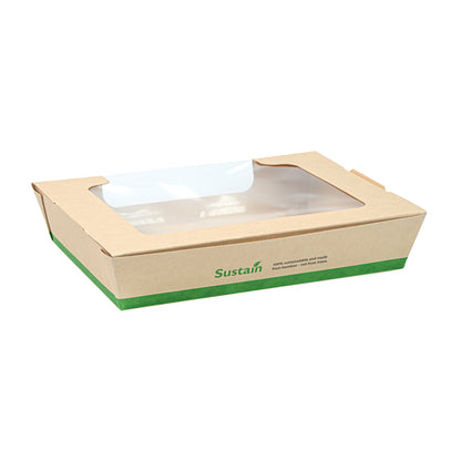 Sustain 40 oz Bamboo Paper Large Bio Salad Box - with PLA Lining and Window, Compostable - 8 1/4" x 6 1/4" x 1 1/2" - 50 count box