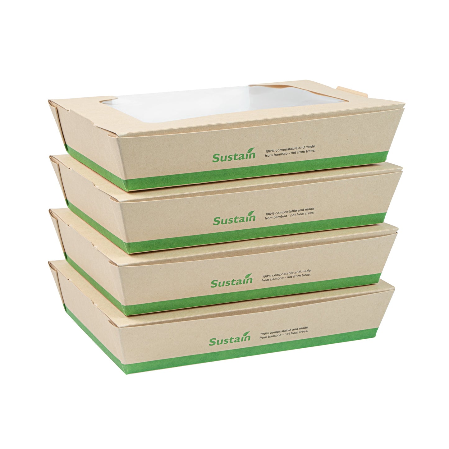 Sustain 40 oz Bamboo Paper Large Bio Salad Box - with PLA Lining and Window, Compostable - 8 1/4" x 6 1/4" x 1 1/2" - 50 count box