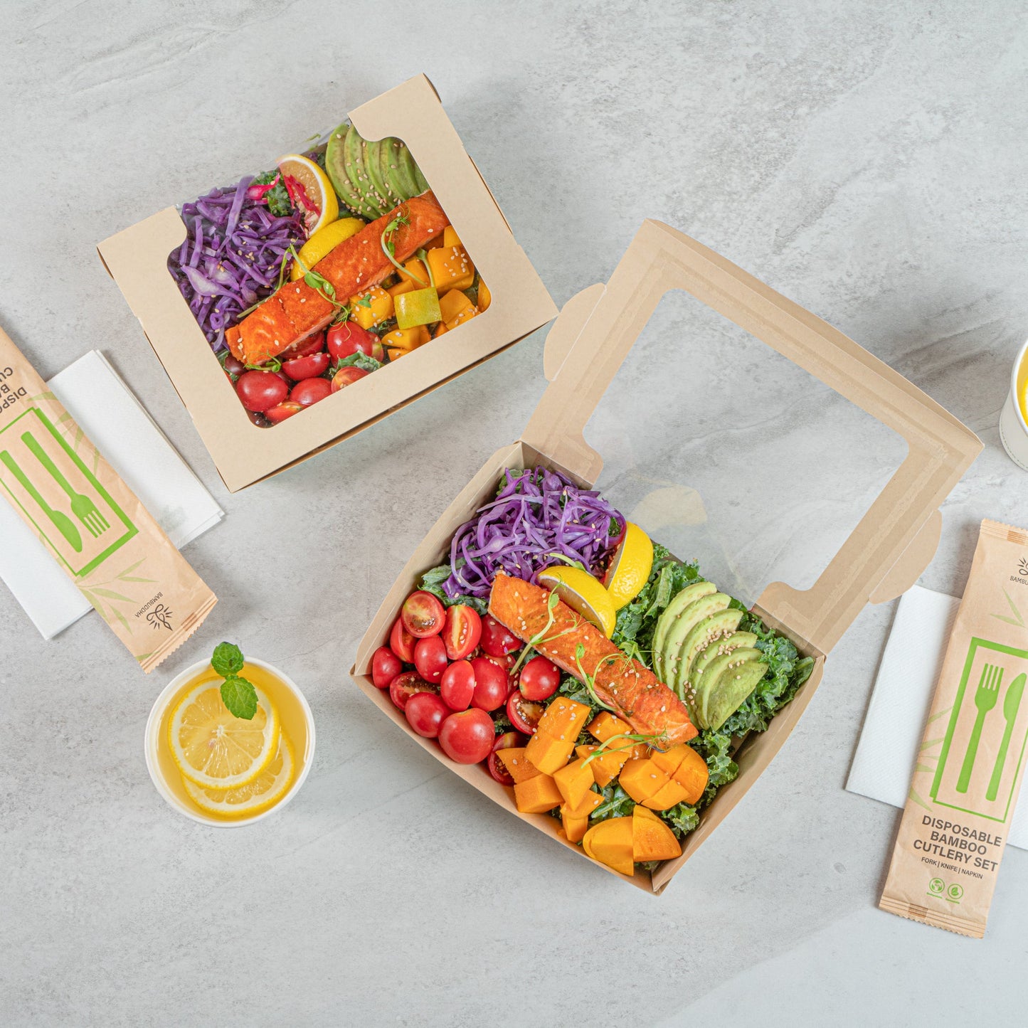 Sustain 40 oz Bamboo Paper Large Bio Salad Box - with PLA Lining and Window, Compostable - 8 1/4" x 6 1/4" x 1 1/2" - 50 count box